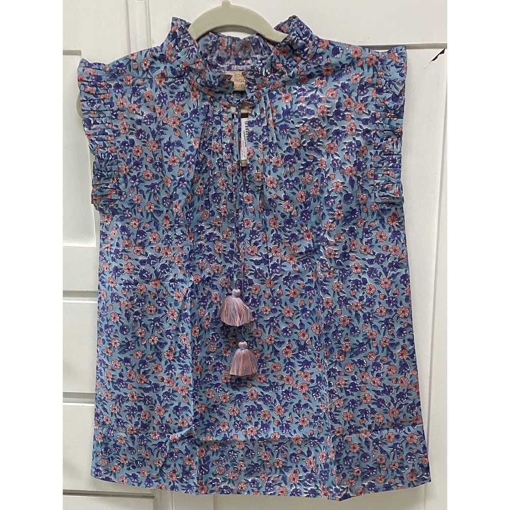 Rungolee Francesca Cotton Blouse Blue Floral Ruffle Tassel Top New S $189